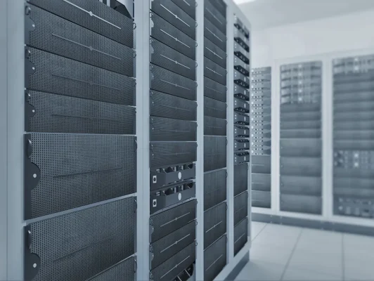 Side view of the server racks in a Data Center